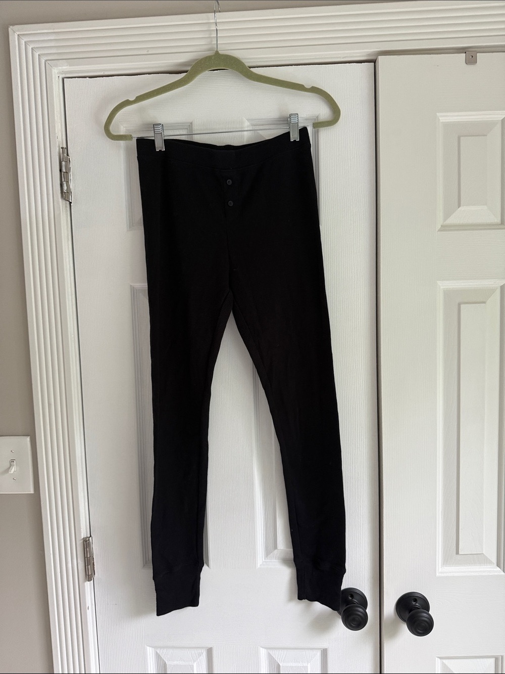 Black Thermal Lounge Leggings - Button Front
